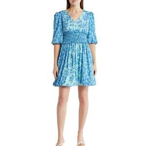 Taylor Blue Floral Teal Blue Girly Garden 3/4 Balloon Smocked Mini Dress‎ Size 8